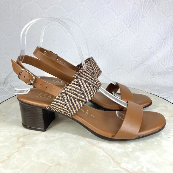Italian Shoemakers Ankle Strap Heels Sz 7 Brown Low Block Heeled Dressy Sandals - Picture 1 of 12